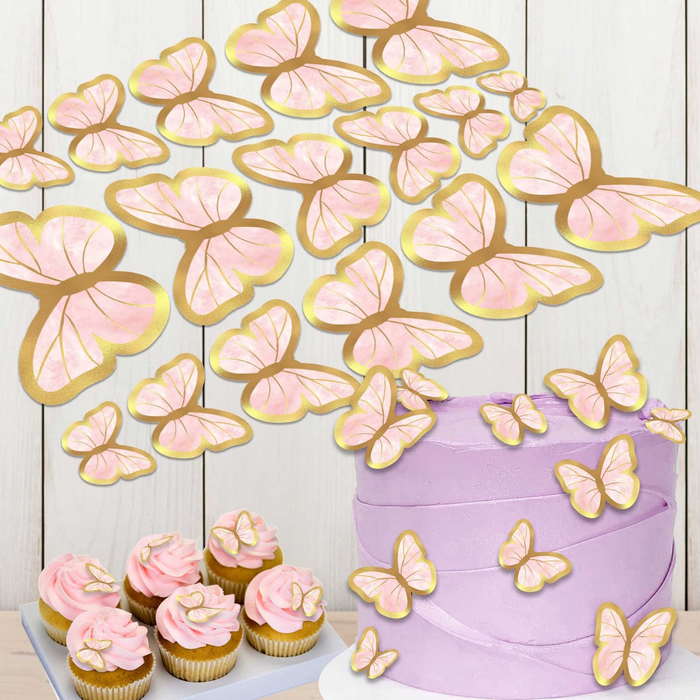 15 Pink and Gold Butterfly Edible Cake Toppers – Elegant Wafer Paper Decorations for Cakes and Cupcakes