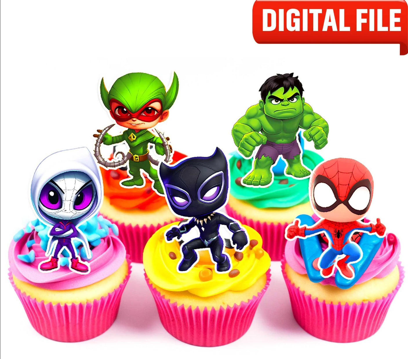 15 Superheros Edible Cupcake Toppers - Choose from Wafer Paper, Sugar Sheet, or Chocotransfer with No Cutting Required