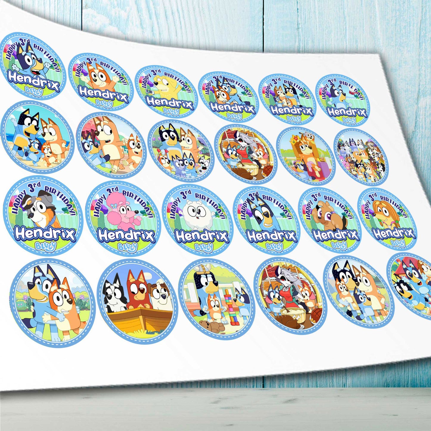 24 Bluey Edible Cupcake Toppers - Precut on Wafer Paper, Sugar Sheet, or without cutting Chocotransfer