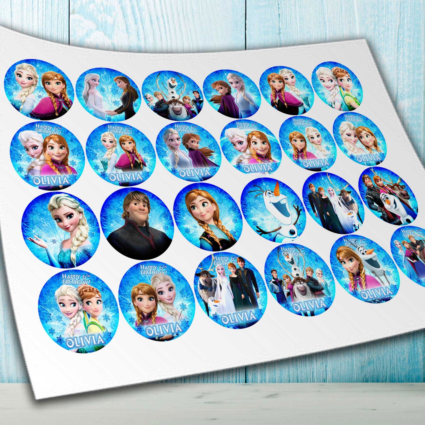 24 Frozen Edible Cupcake Toppers - Precut on Wafer Paper, Sugar Sheet, or without cutting Chocotransfer