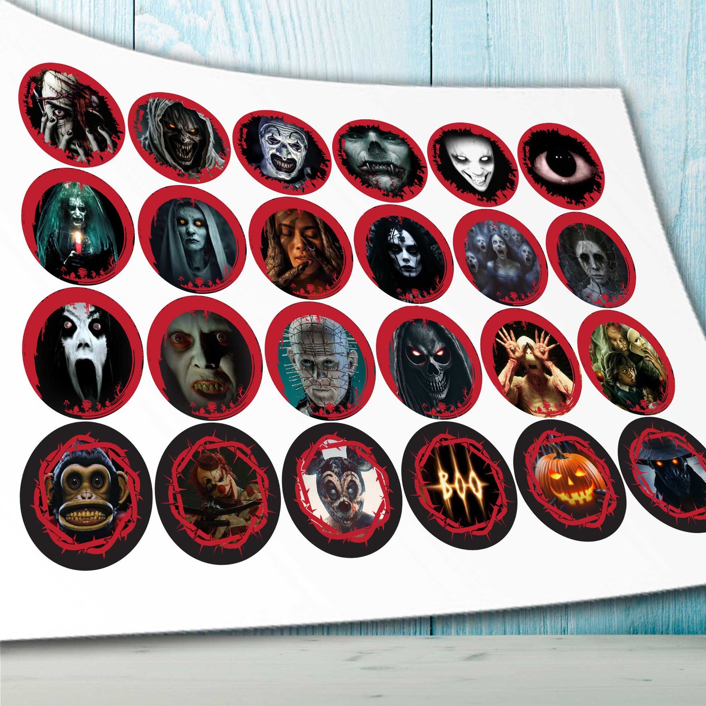 24 Halloween Horror Edible Cupcake Toppers – Precut on Wafer Paper, Sugar Sheet, or Uncut Chocotransfer