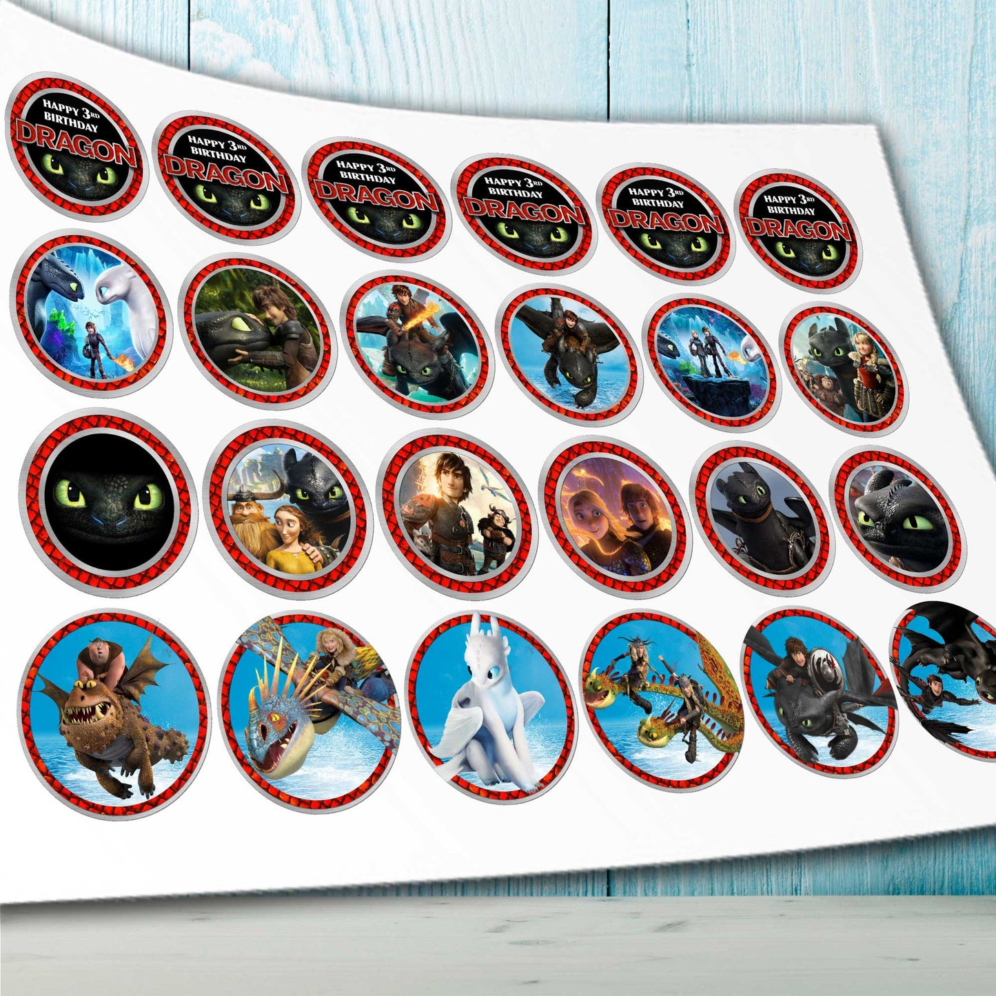 24 How to Train Your Dragon Edible Cupcake Toppers – Precut on Wafer Paper, Sugar Sheet, or Uncut Chocotransfer