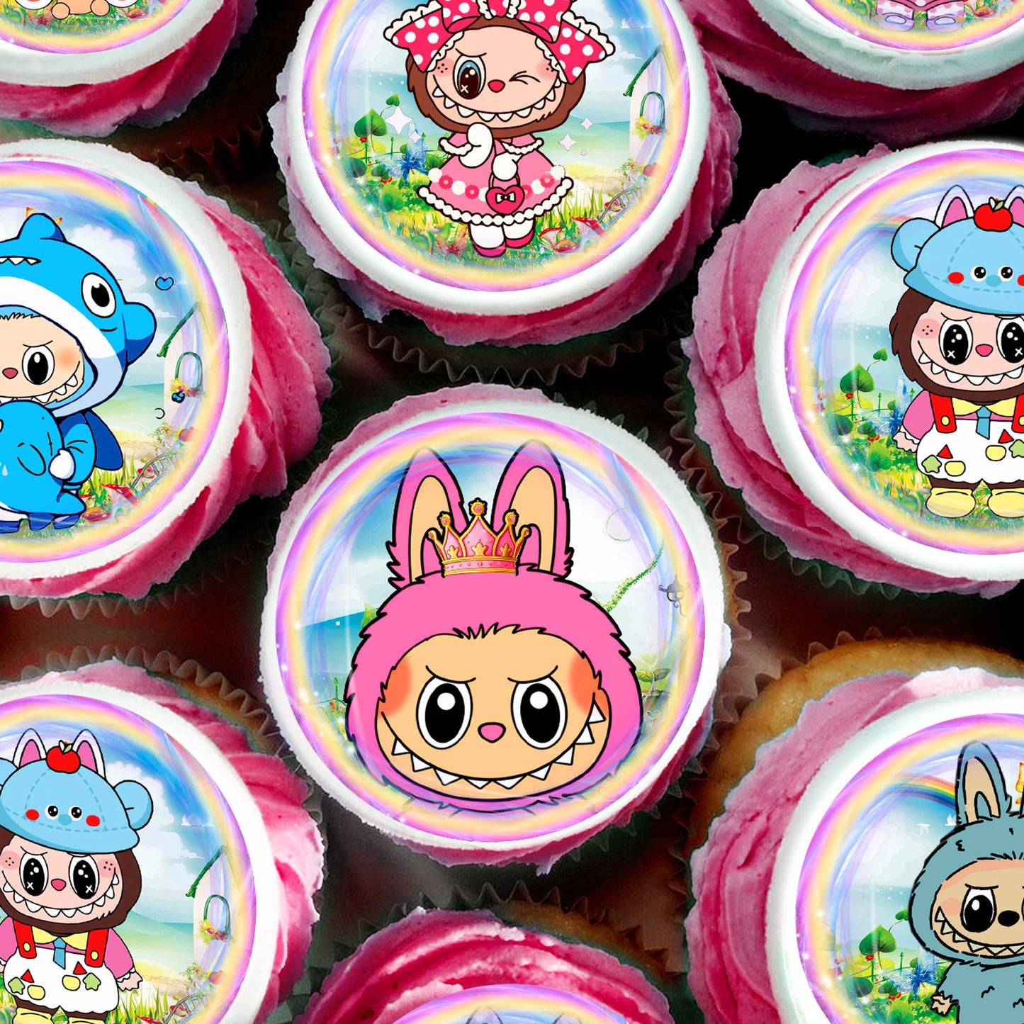 24 Labubu Edible Cupcake Toppers β Precut on Wafer Paper, Sugar Sheet, or Uncut Chocotransfer