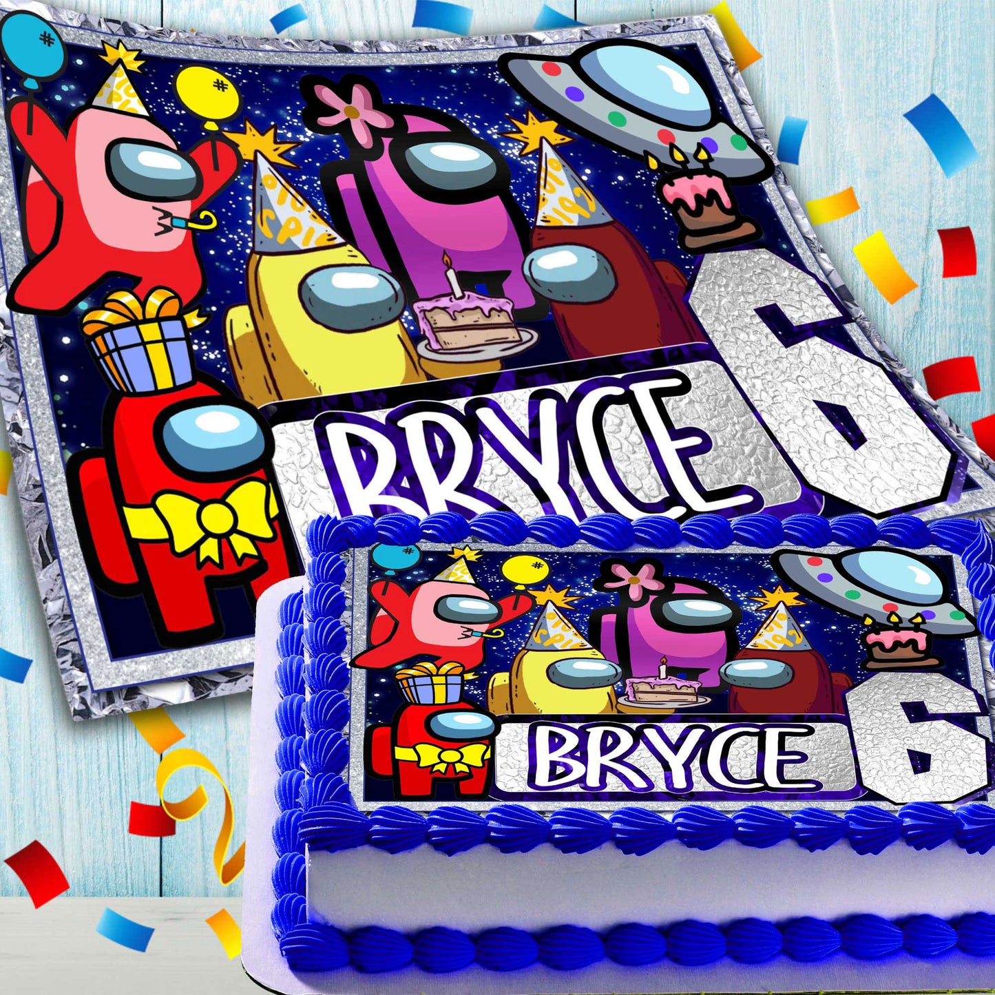 Among Us Birthday Themed Edible Cake Topper - Rectangular Design - Wafer Paper, Sugar Sheet, Chocotransfer
