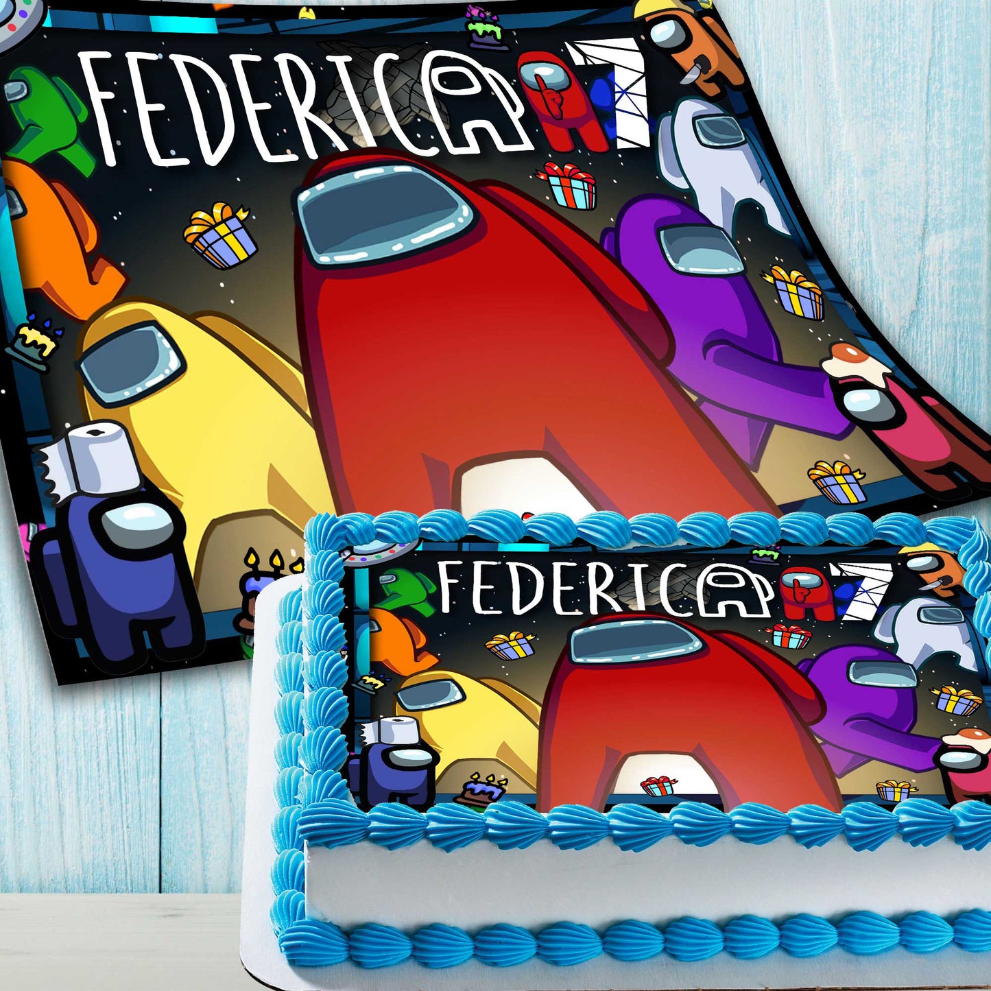 Among Us Edible Cake Topper β Birthday Party Decoration β Video Game Theme β Wafer, Sugar Sheet, Chocotransfer