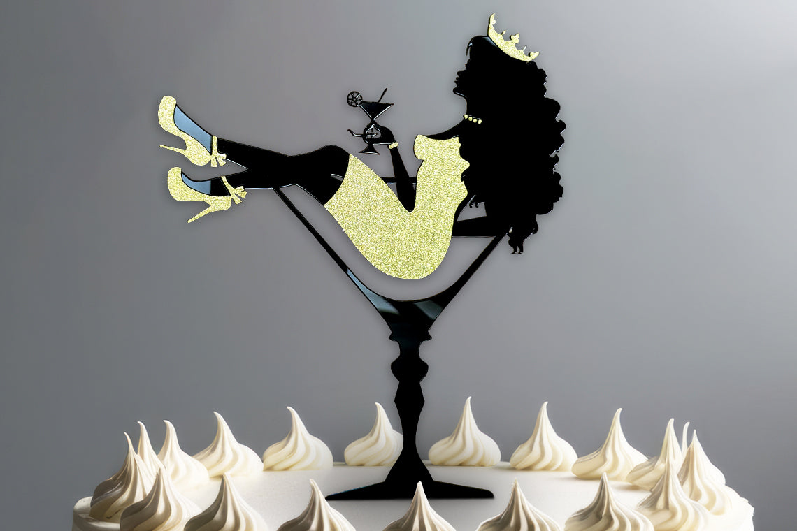 Black Acrylic Cake Topper with Gold Glitter Accents | Martini Girl Silhouette | Elegant Birthday Cake Decoration | Glamorous Woman with Crown & Drink