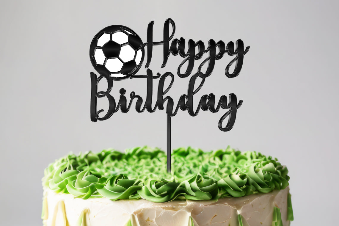 Black Acrylic Football Cake Topper | Sports Birthday Decoration | Customizable Football Design | Elegant "Happy Birthday" Cake Decor