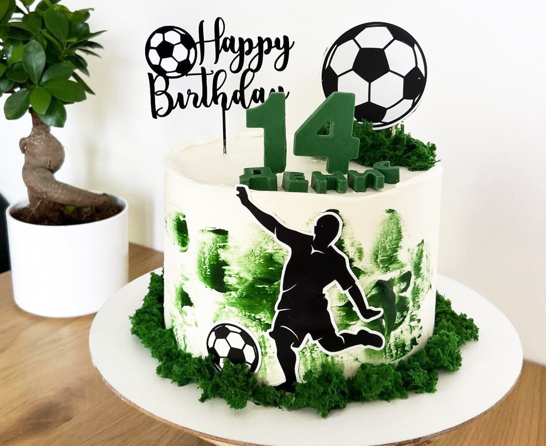 Black Acrylic Football Cake Topper | Sports Birthday Decoration | Customizable Football Design | Elegant "Happy Birthday" Cake Decor