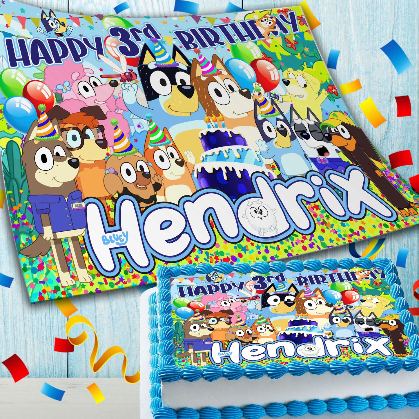 Bluey Birthday Themed Edible Cake Topper - Rectangular Design - Wafer Paper, Sugar Sheet, Chocotransfer