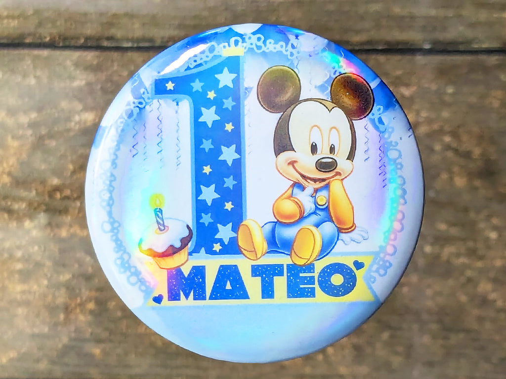 Personalized Disney Mickey Mouse Birthday Button Pin Badge | Custom Disney Birthday Magnet or Pin | 58mm or 75mm with Standard or Glitter Lamination | Celebration Disney Button Badge