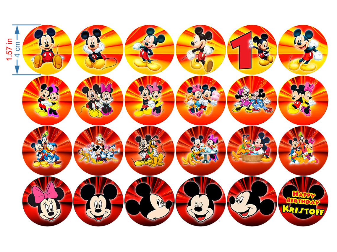 Customized Edible Cupcake Toppers featuring Mickey Mouse and Friends - 24 Pre-Cut Pieces on Wafer Paper, Sugar Sheet, or Uncut Chocotransfer