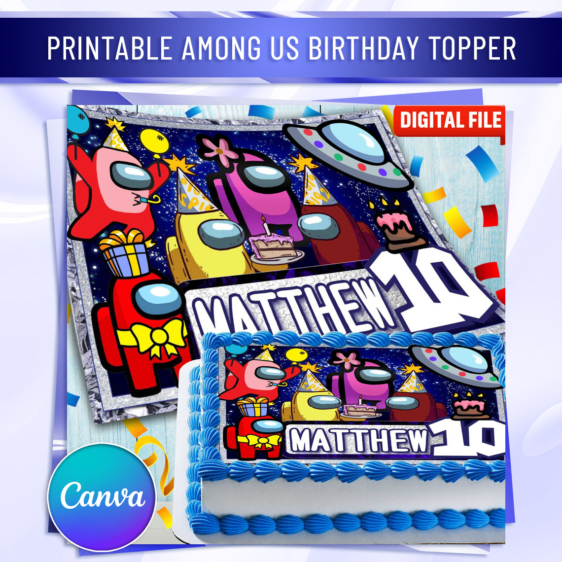 Among Us Birthday Themed Edible Cake Topper - Rectangular Design - Wafer Paper, Sugar Sheet, Chocotransfer
