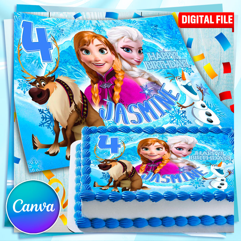 Frozen Birthday Themed Edible Cake Topper - Rectangular Design - Wafer Paper, Sugar Sheet, Chocotransfer