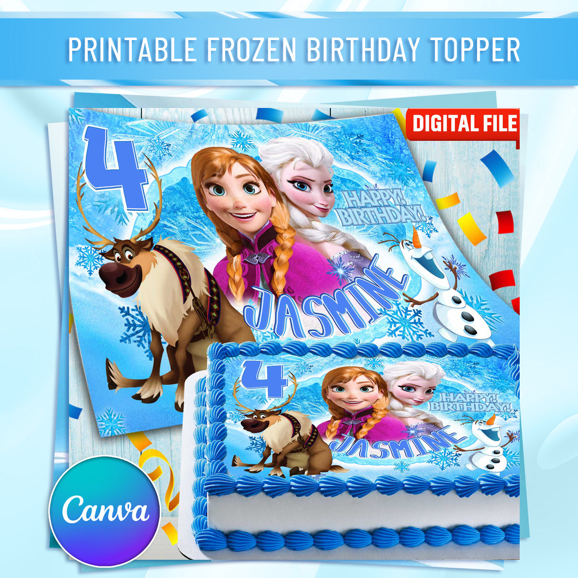 Frozen Birthday Themed Edible Cake Topper - Rectangular Design - Wafer Paper, Sugar Sheet, Chocotransfer
