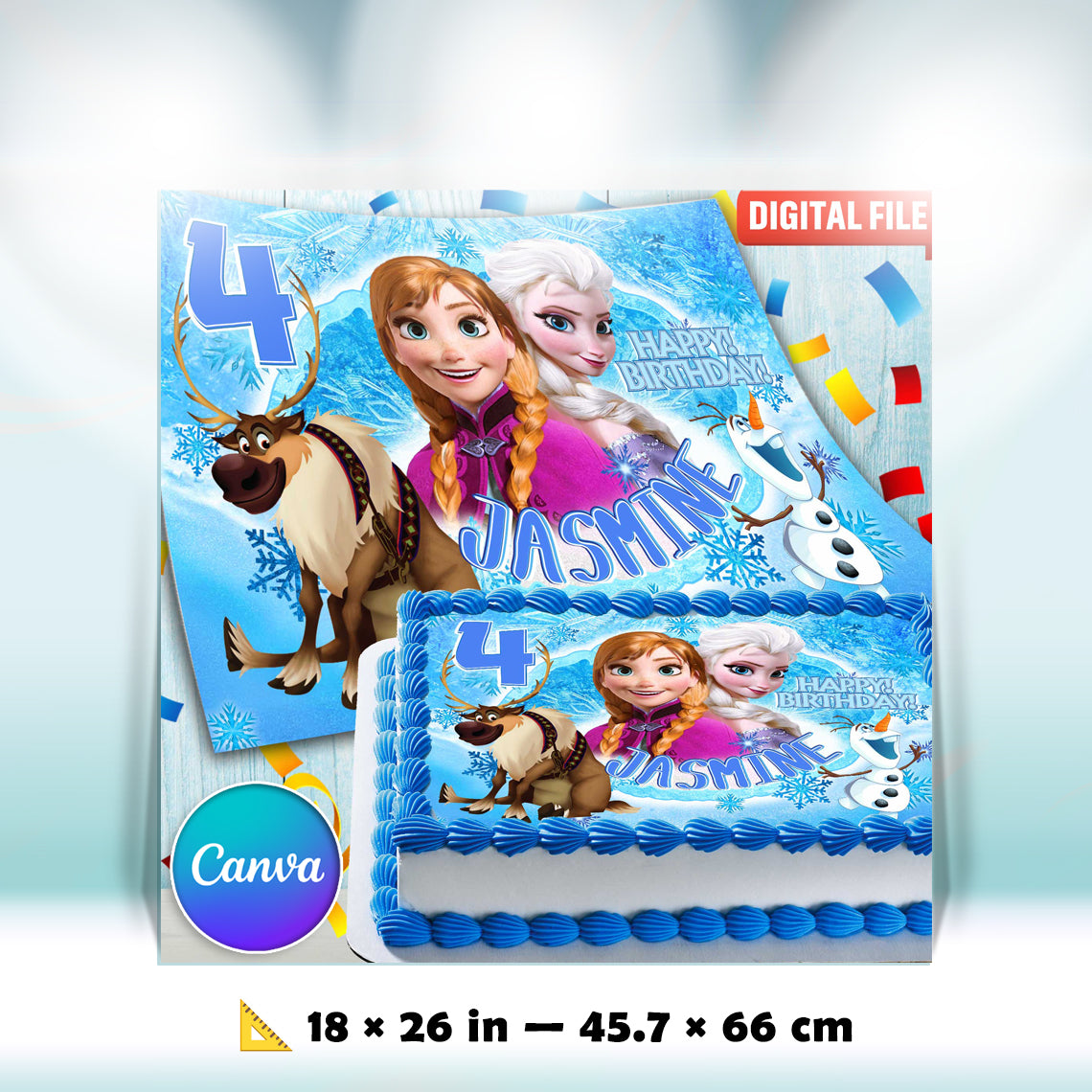 Frozen Birthday Themed Edible Cake Topper - Rectangular Design - Wafer Paper, Sugar Sheet, Chocotransfer