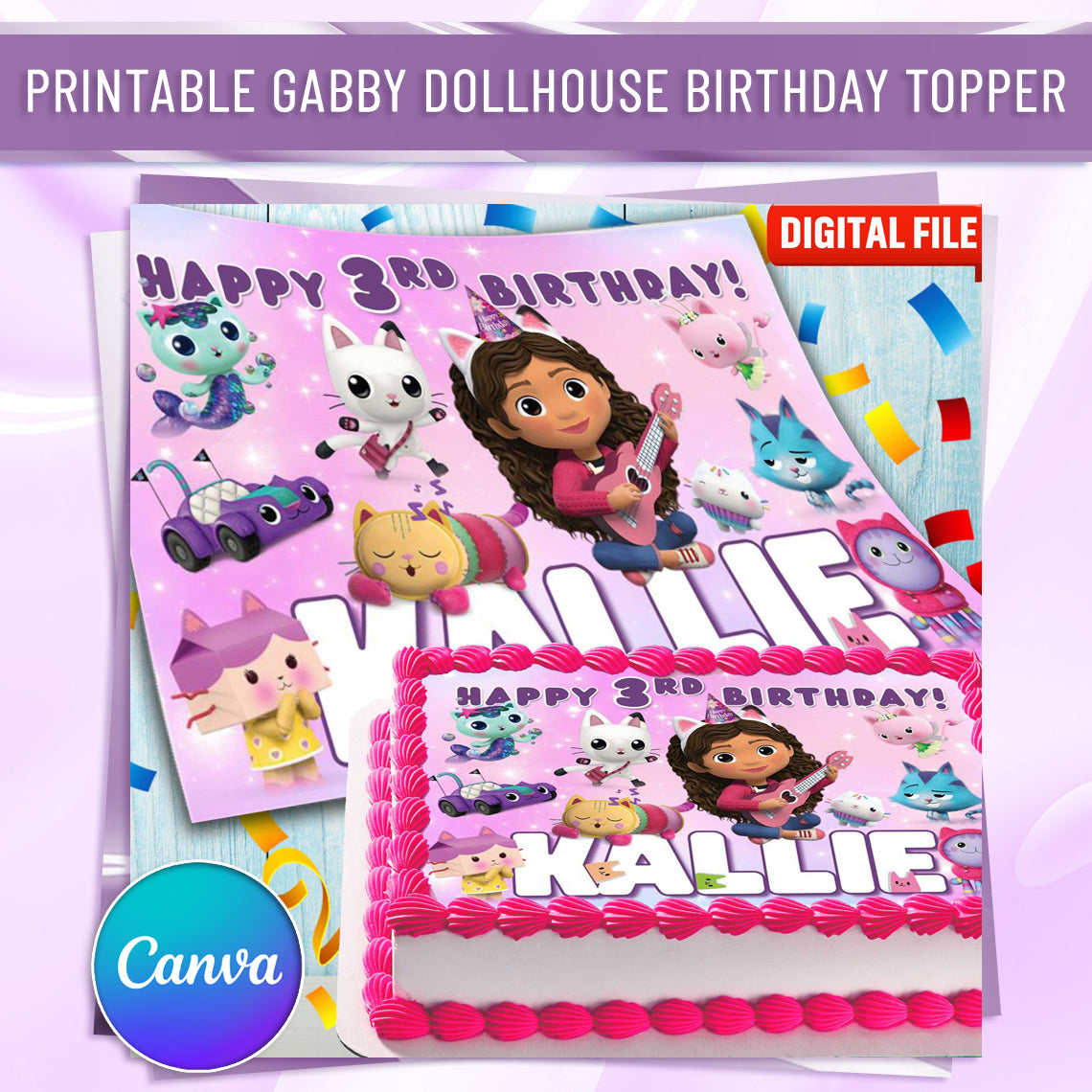 Gabbys dollhouse Birthday Themed Edible Cake Topper - Rectangular Design - Wafer Paper, Sugar Sheet, Chocotransfer