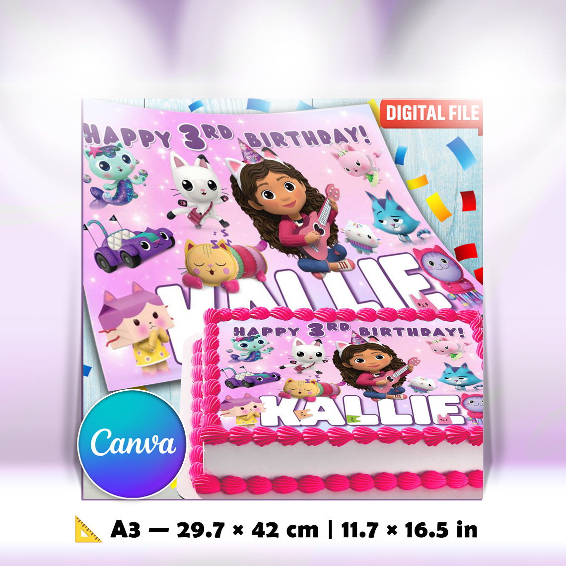 Gabbys dollhouse Birthday Themed Edible Cake Topper - Rectangular Design - Wafer Paper, Sugar Sheet, Chocotransfer