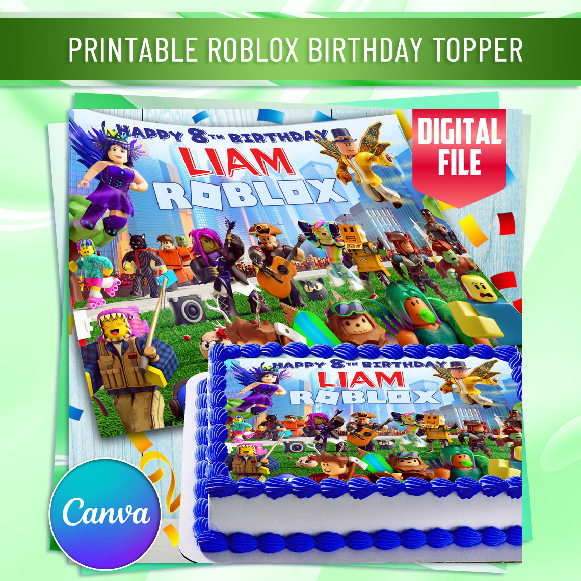 Roblox Birthday Cake Topper – Personalized Edible Image – Custom Gamer Party Decoration – Wafer Paper, Sugar Sheet, Chocotransfer