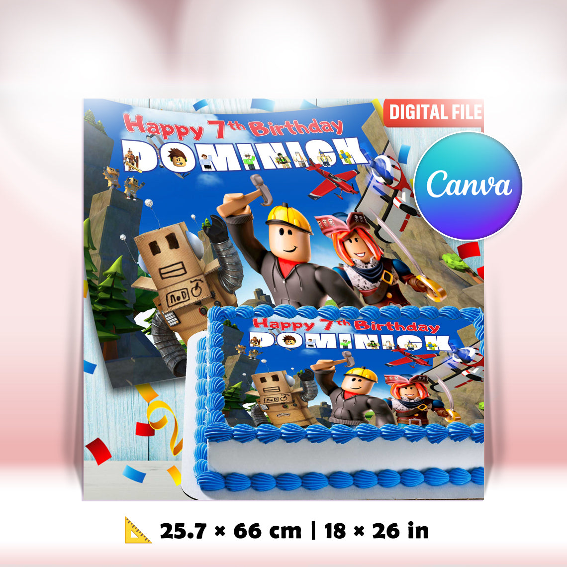 Roblox Birthday Themed Edible Cake Topper - Rectangular Design - Wafer Paper, Sugar Sheet, Chocotransfer