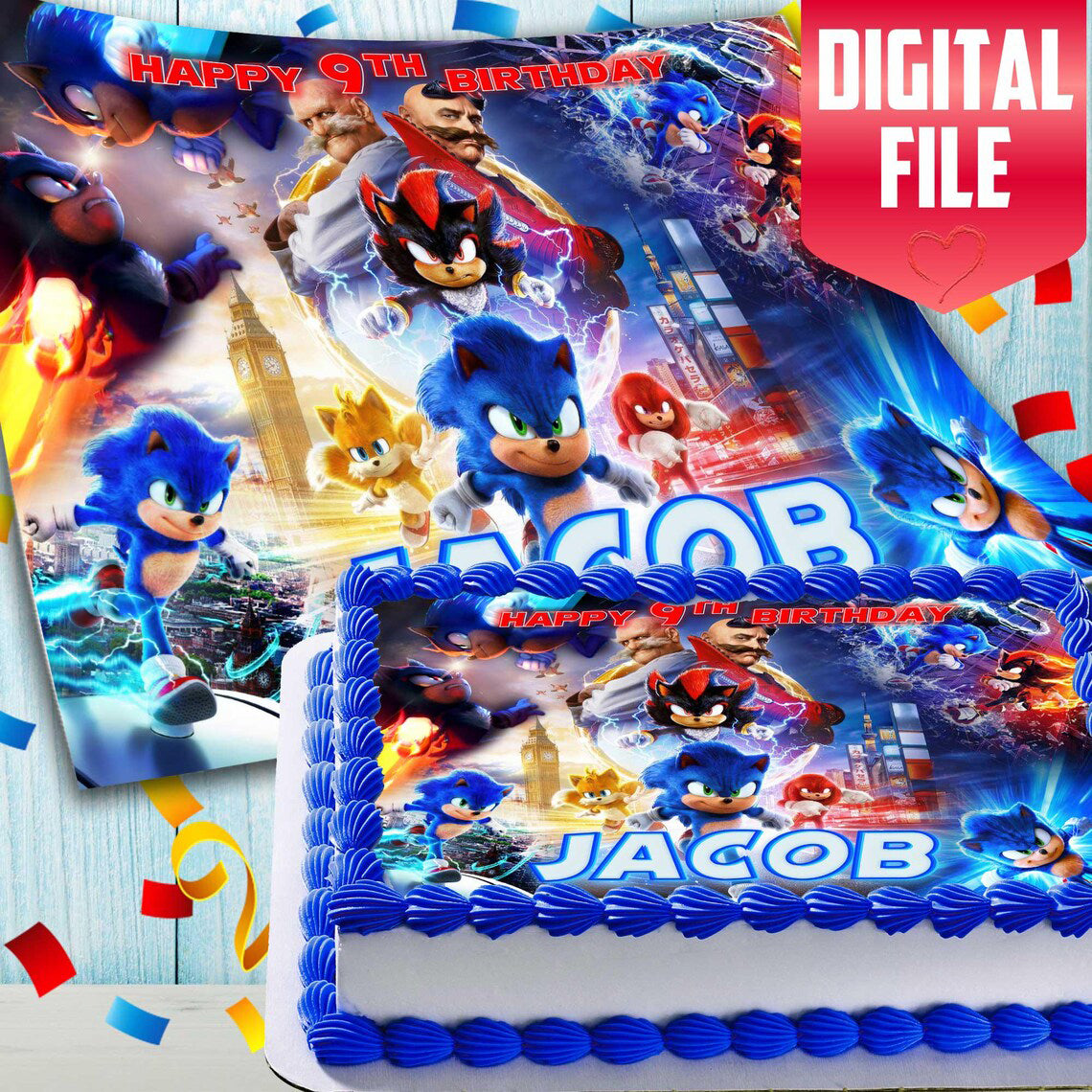 Sonic Birthday Themed Edible Cake Topper - Rectangular Design - Wafer Paper, Sugar Sheet, Chocotransfer