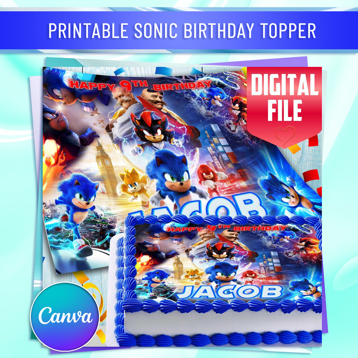 Sonic Birthday Themed Edible Cake Topper - Rectangular Design - Wafer Paper, Sugar Sheet, Chocotransfer