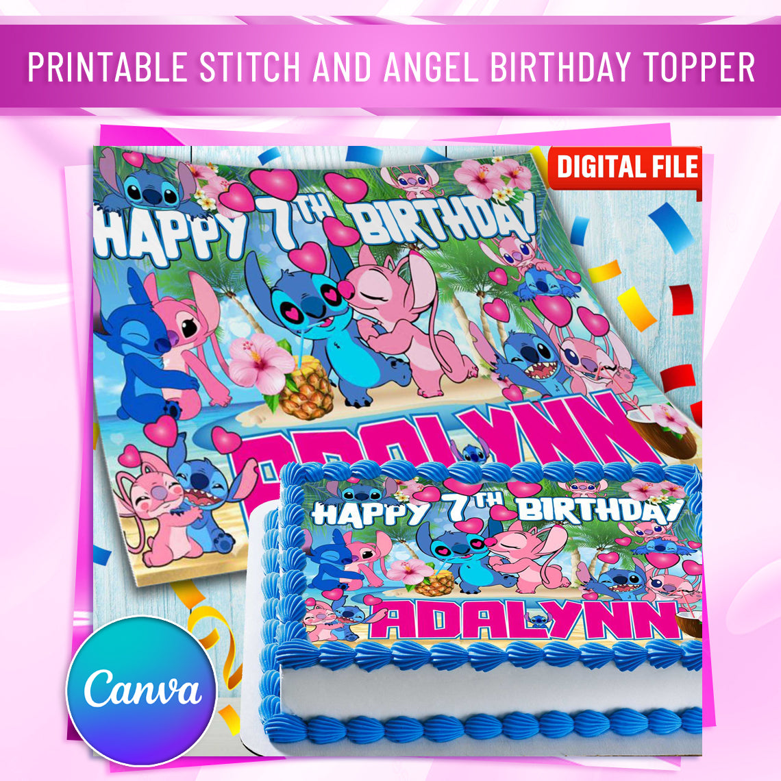Stitch and Angel Birthday Themed Edible Cake Topper - Rectangular Design - Wafer Paper, Sugar Sheet, Chocotransfer