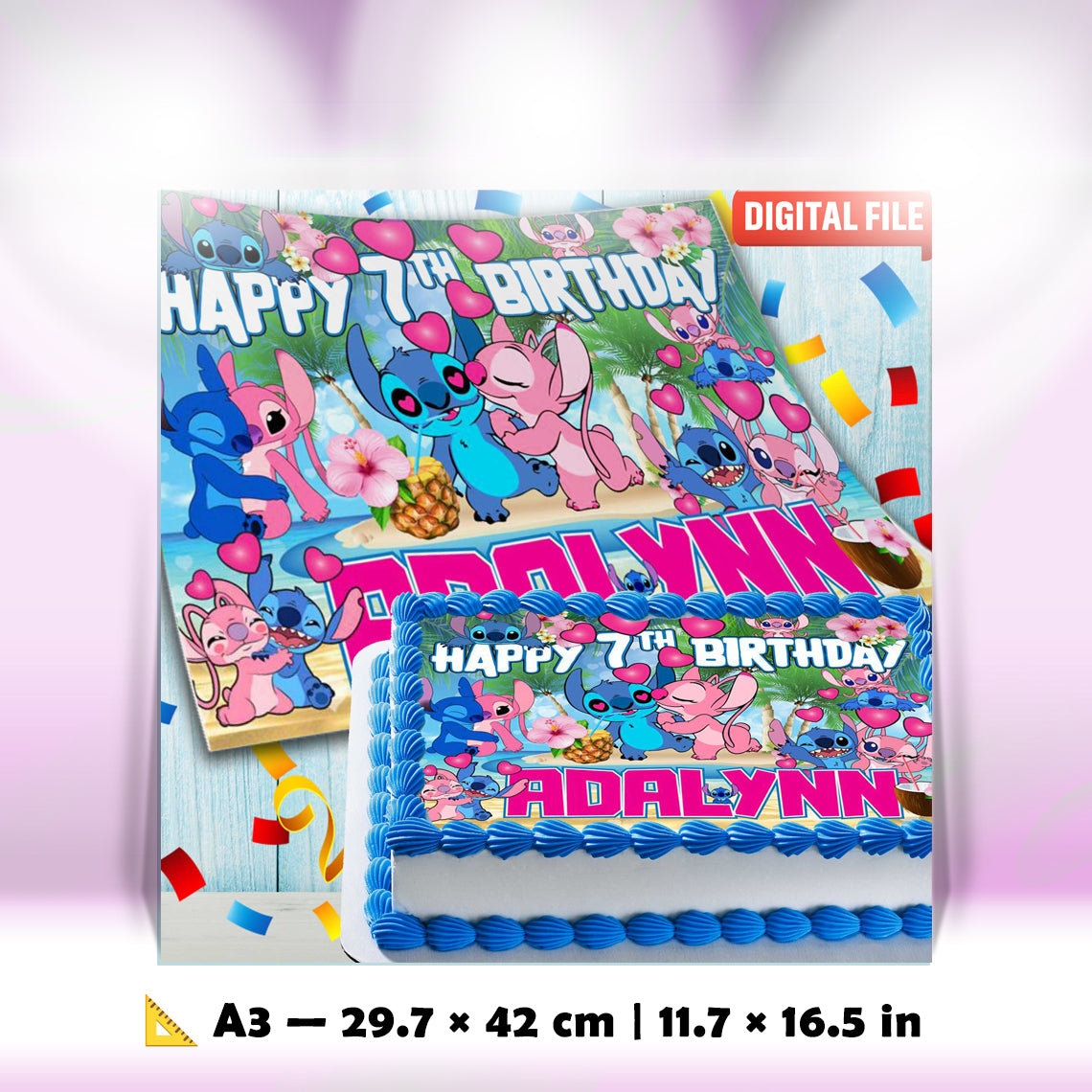 Stitch and Angel Birthday Themed Edible Cake Topper - Rectangular Design - Wafer Paper, Sugar Sheet, Chocotransfer
