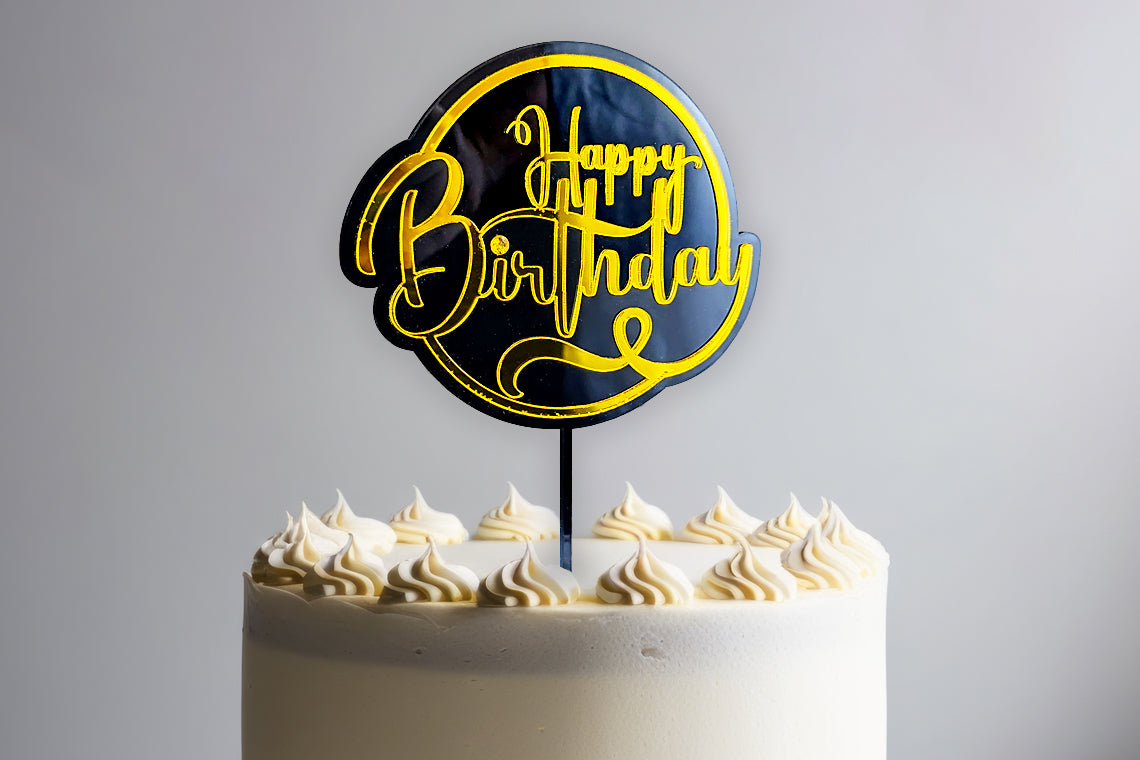 Elegant Gold "Happy Birthday" Cake Topper | Black Acrylic Backing | Cursive Script Design | Perfect for Birthday Celebrations