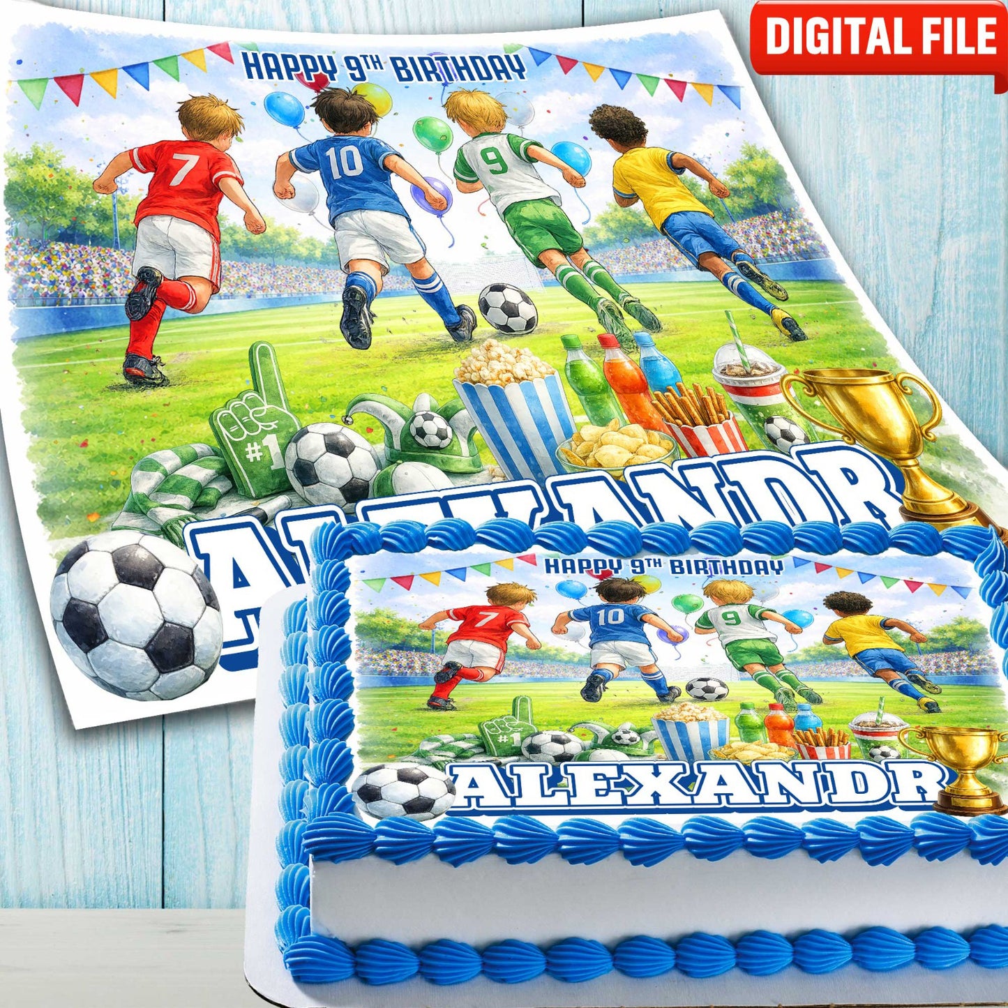Kids football birthday cake decorated with edible soccer cake topper and personalized name