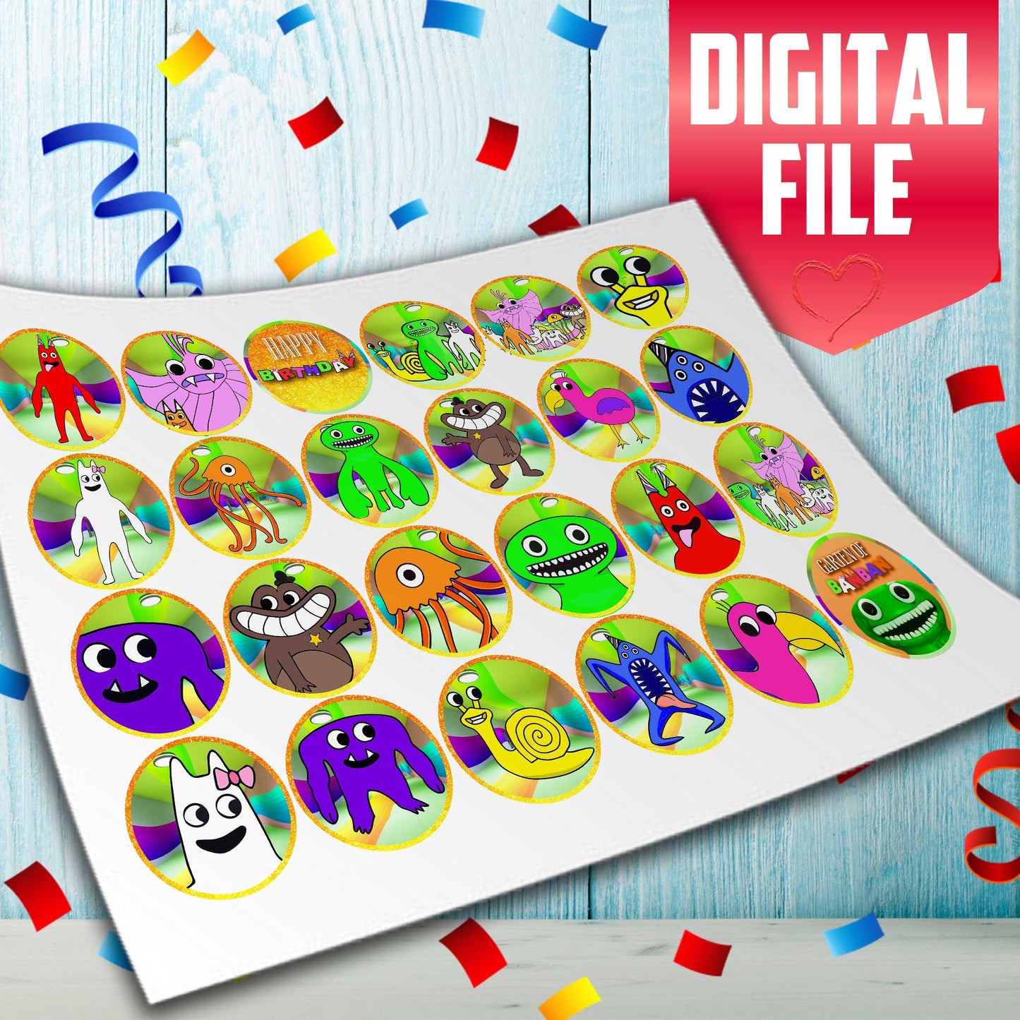 Garten of Banban Edible Cupcake Toppers - 24 Pre-Cut Pieces on Wafer Paper, Sugar Sheet, or Chocotransfer