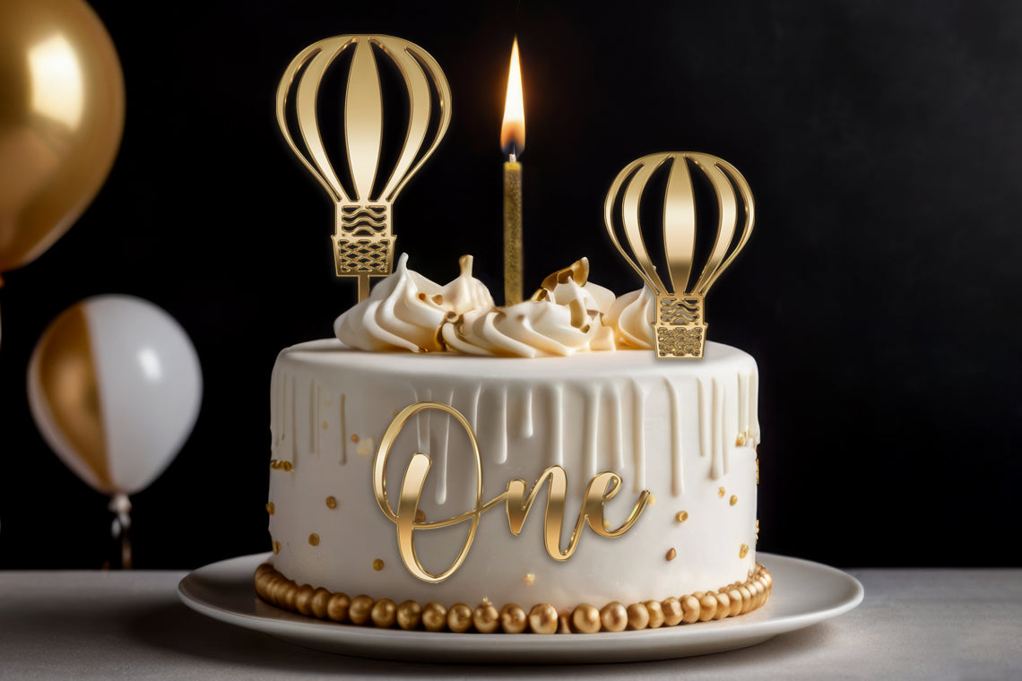 Gold Acrylic Cake Topper Set with Candle | 'One' Side Topper + 2 Balloon Toppers | 1st Birthday Decoration | Gold Candle Included