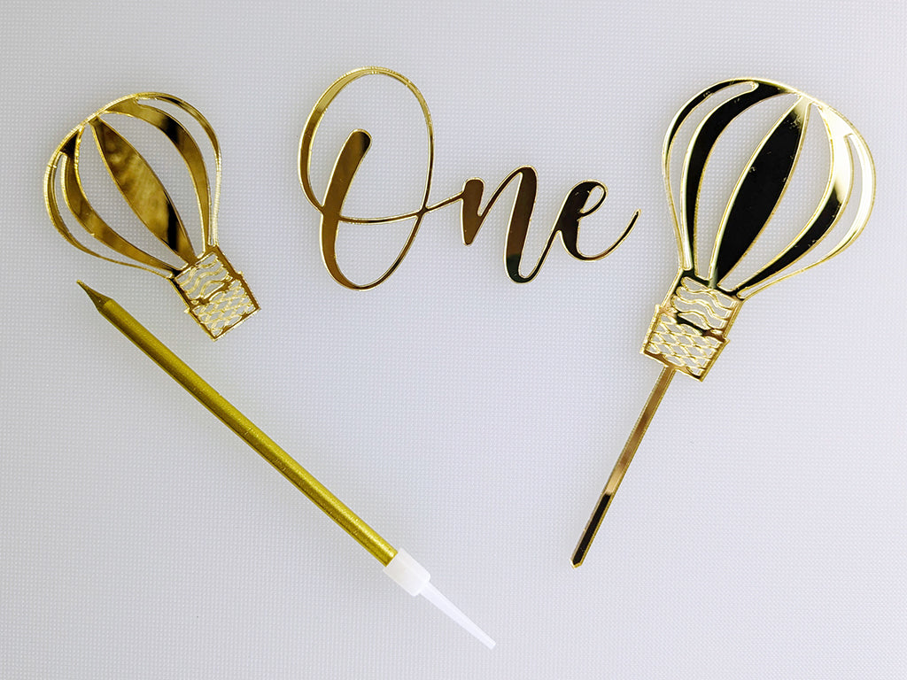 Gold Acrylic Cake Topper Set with Candle | 'One' Side Topper + 2 Balloon Toppers | 1st Birthday Decoration | Gold Candle Included