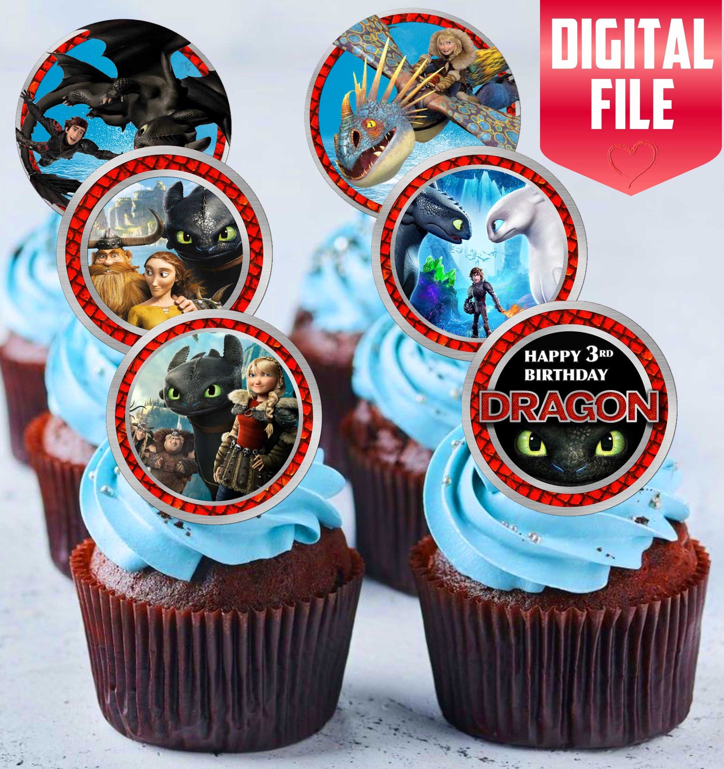 24 How to Train Your Dragon Edible Cupcake Toppers – Precut on Wafer Paper, Sugar Sheet, or Uncut Chocotransfer