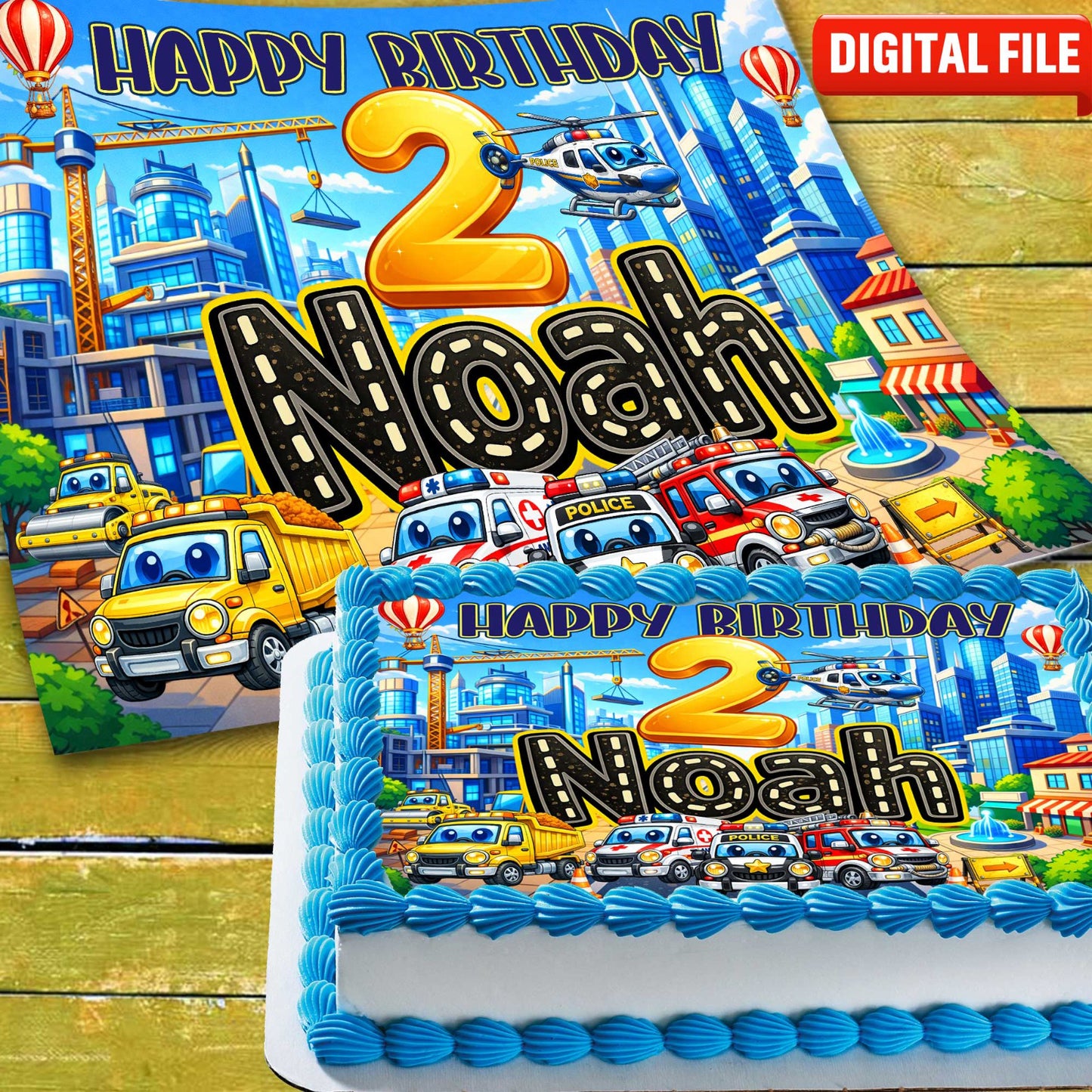 Kids Vehicles Birthday cake topper digital file – custom name and age for birthday cake