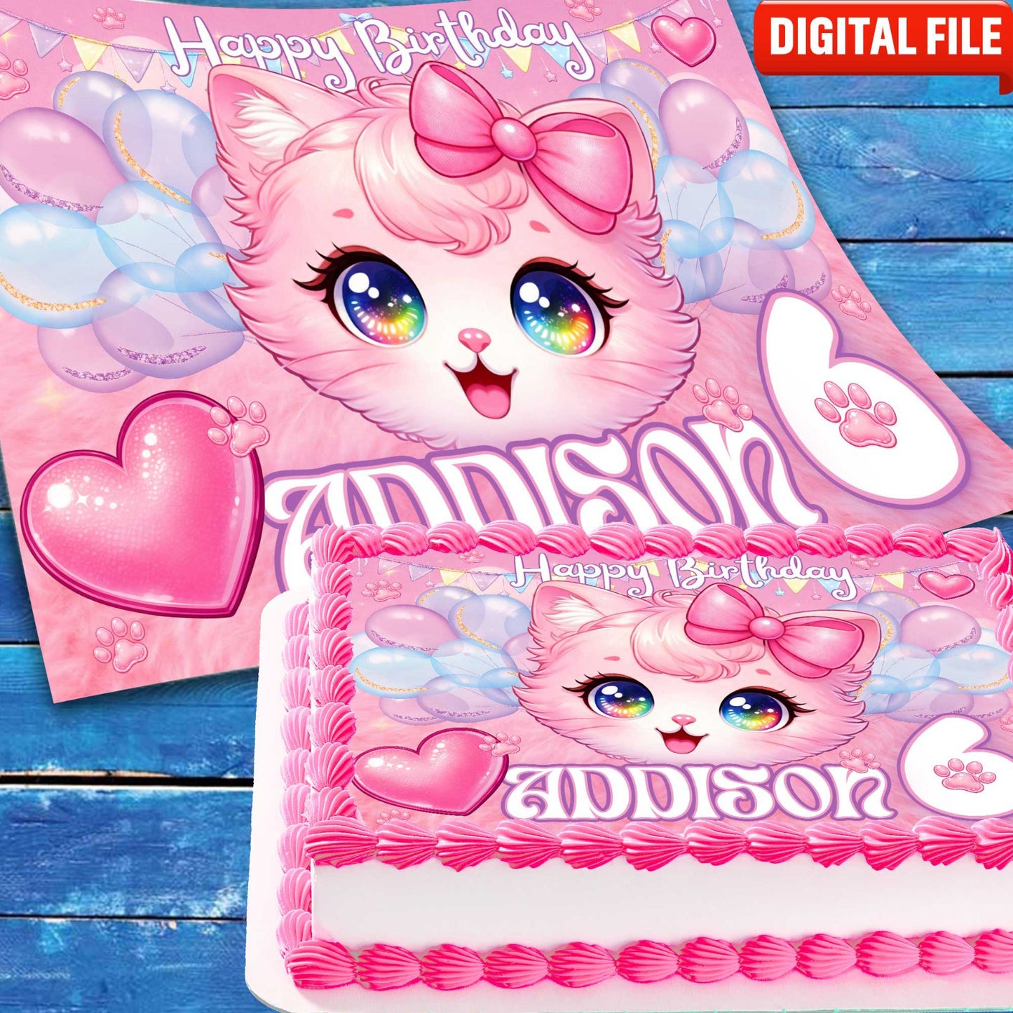 Kitten Birthday cake topper digital file – custom name and age for birthday cake