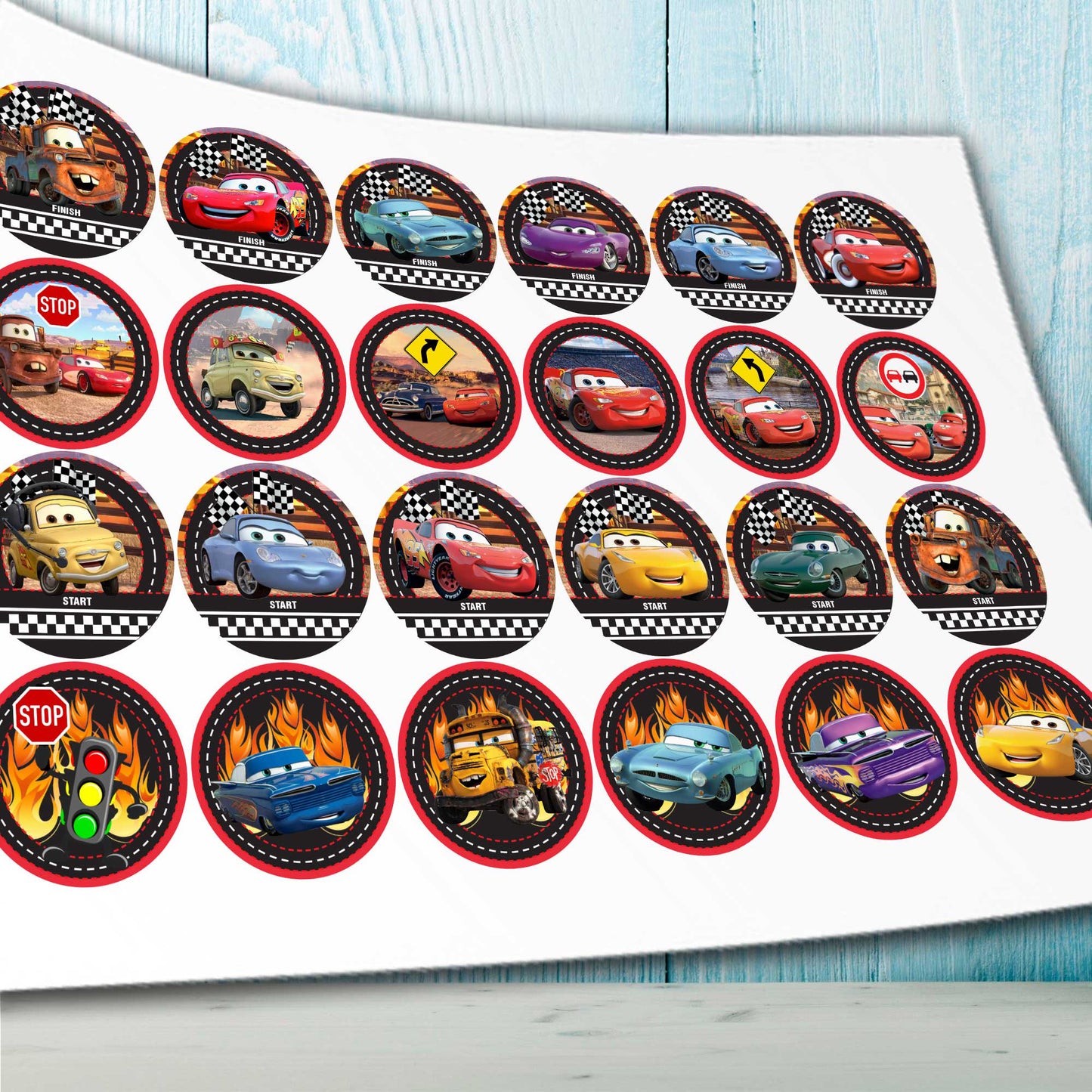 Lightning McQueen Cars Edible Cupcake Toppers – 24 Pre-Cut Pieces on Wafer Paper, Sugar Sheet, or Uncut Chocotransfer