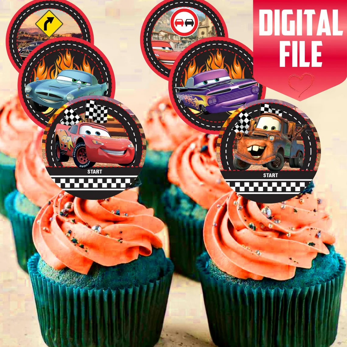 Lightning McQueen Cars Edible Cupcake Toppers – 24 Pre-Cut Pieces on Wafer Paper, Sugar Sheet, or Uncut Chocotransfer