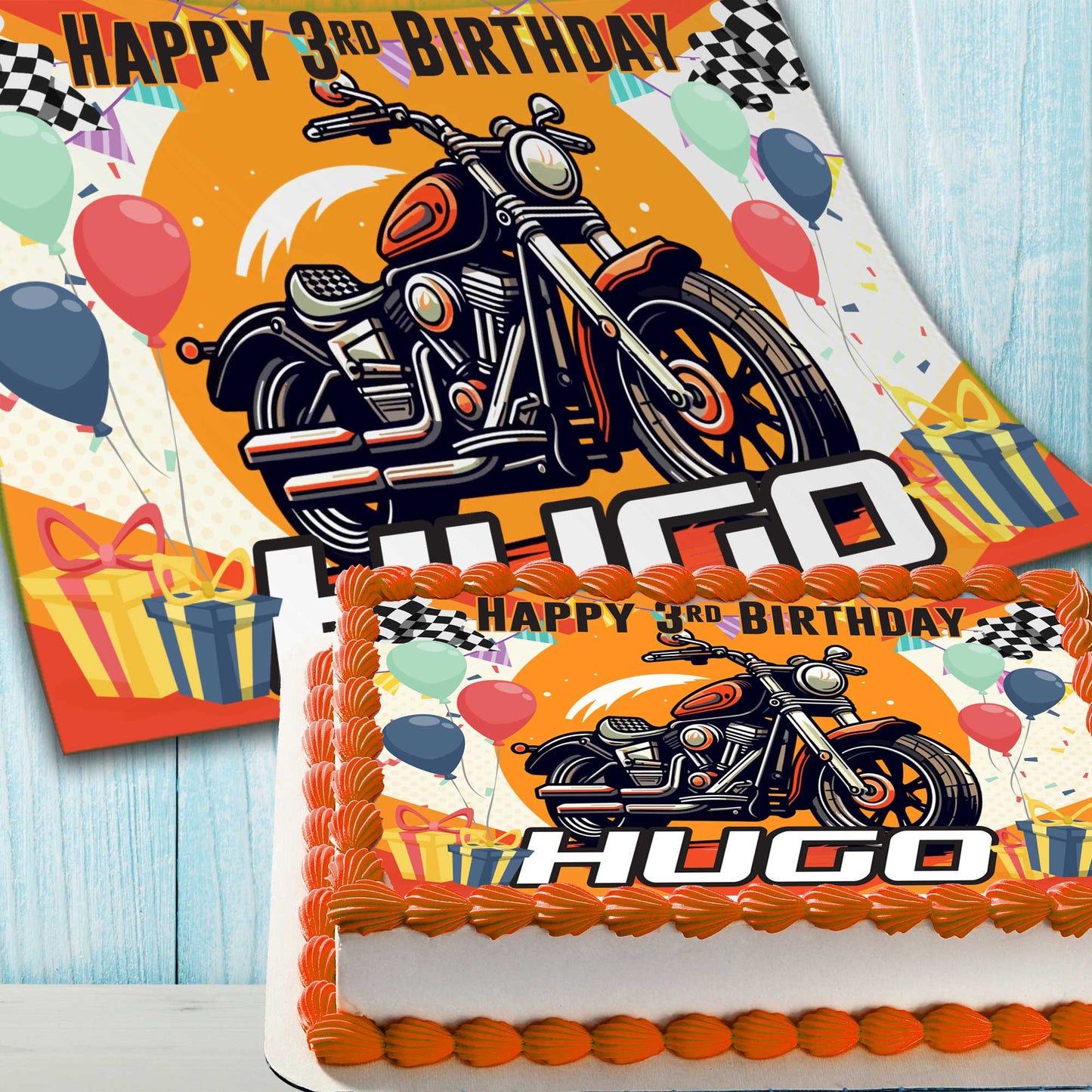 Motorcycle Birthday Cake Topper – Edible Image for Kids Party – Custom Name & Age – Wafer, Sugar Sheet, Chocotransfer