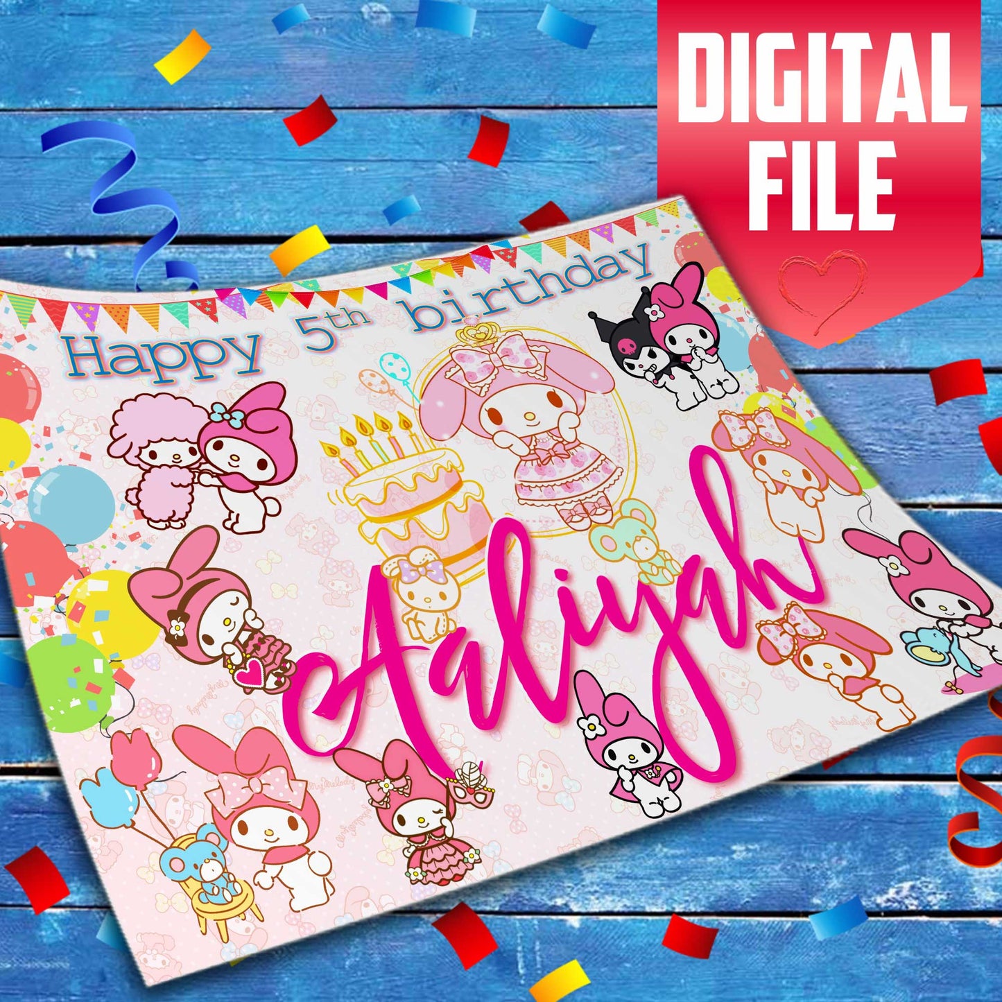 My Melody-Hello Kitty Wiki Birthday Themed Edible Cake Topper - Rectangular Design - Wafer Paper, Sugar Sheet, Chocotransfer