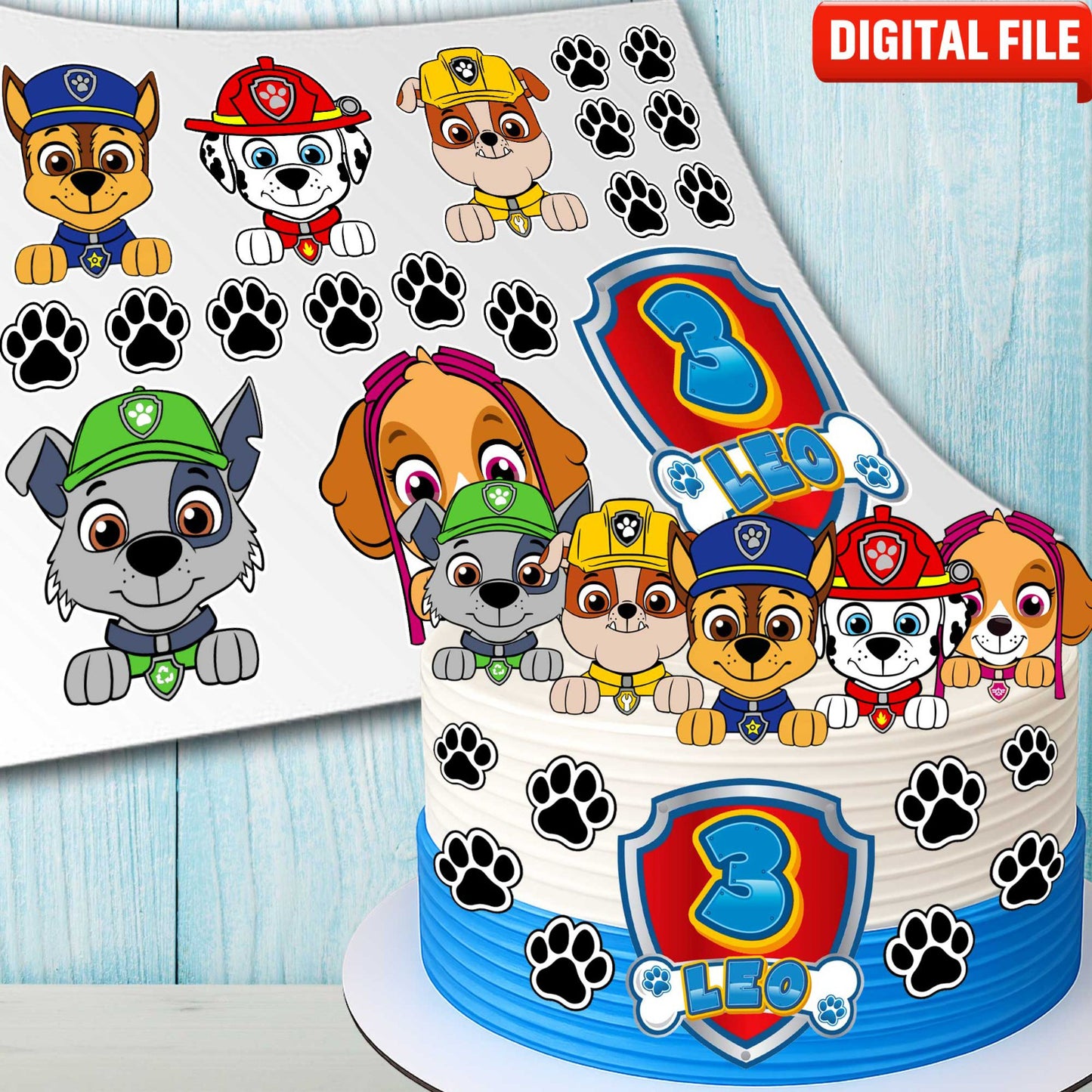 Paw Patrol cake toppers digital file, set of 18 edible images with characters, name and age