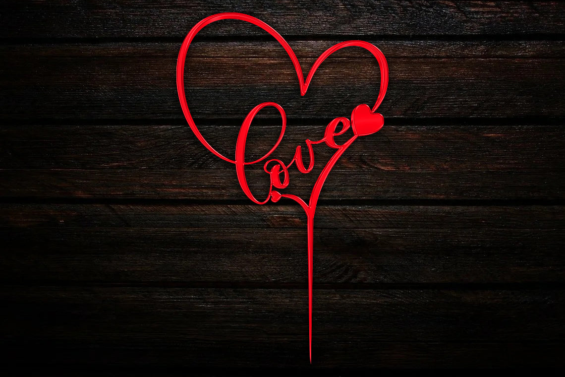 Red Acrylic Heart Cake Topper | Love Silhouette with Heart Decor | Elegant Wedding or Anniversary Cake Decoration | Customizable Design
