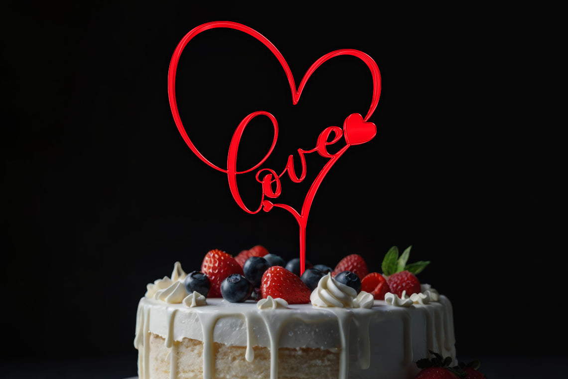 Red Acrylic Heart Cake Topper | Love Silhouette with Heart Decor | Elegant Wedding or Anniversary Cake Decoration | Customizable Design