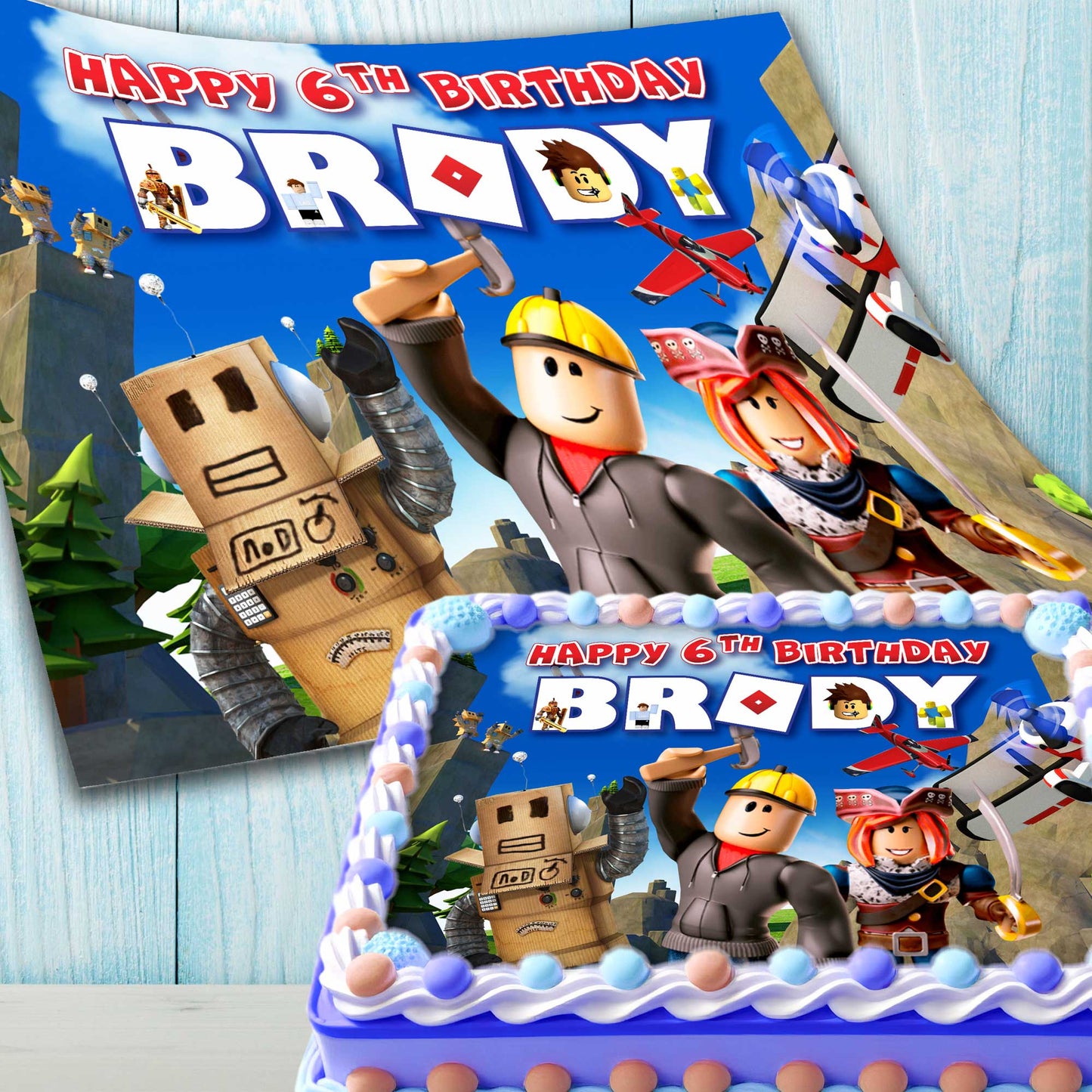 Roblox Birthday Themed Edible Cake Topper - Rectangular Design - Wafer Paper, Sugar Sheet, Chocotransfer