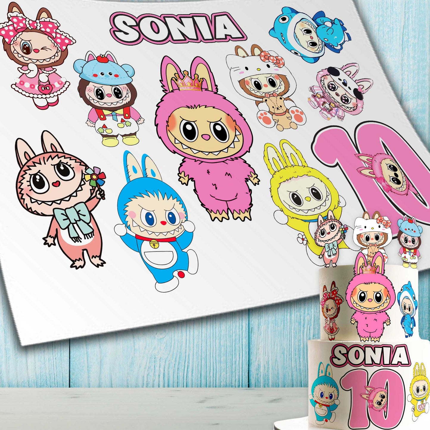 Set of 11 Labubu Cake Toppers β Edible, Precut on Wafer Paper, Sugar Sheet, or Uncut Chocotransfer