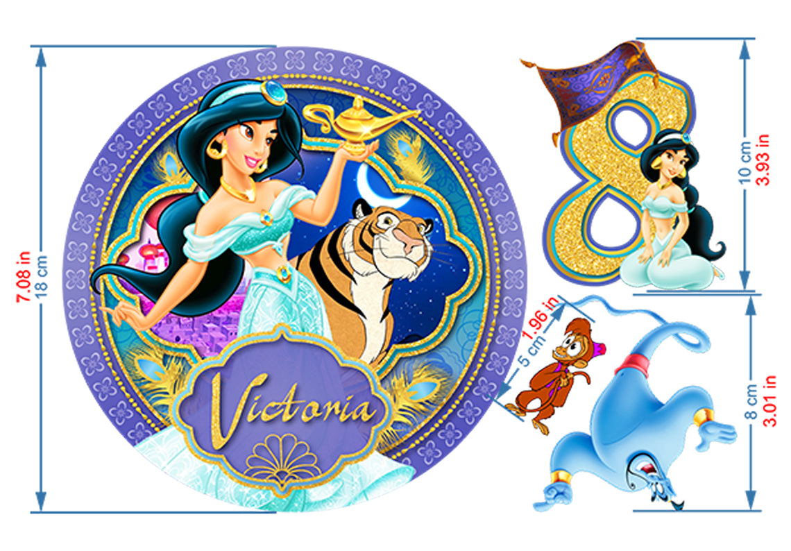 Set of 4 Eastern Princess Jasmine Edible Cake Toppers - Precut on Wafer Paper, Sugar Sheet, or Chocotransfer without Cutting