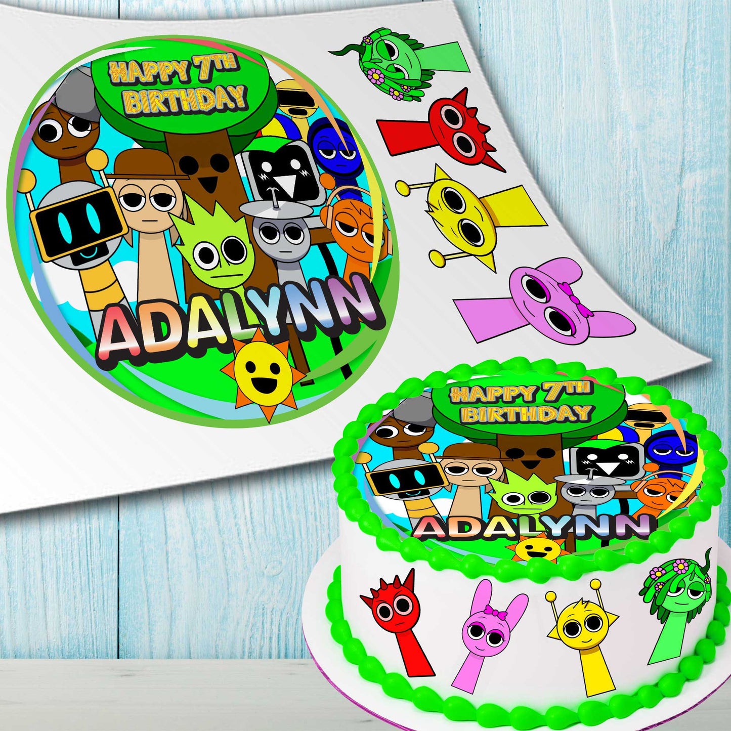 Set of 5 Sprunki Kids Cake Toppers β Edible, Precut on Wafer Paper, Sugar Sheet, or Uncut Chocotransfer