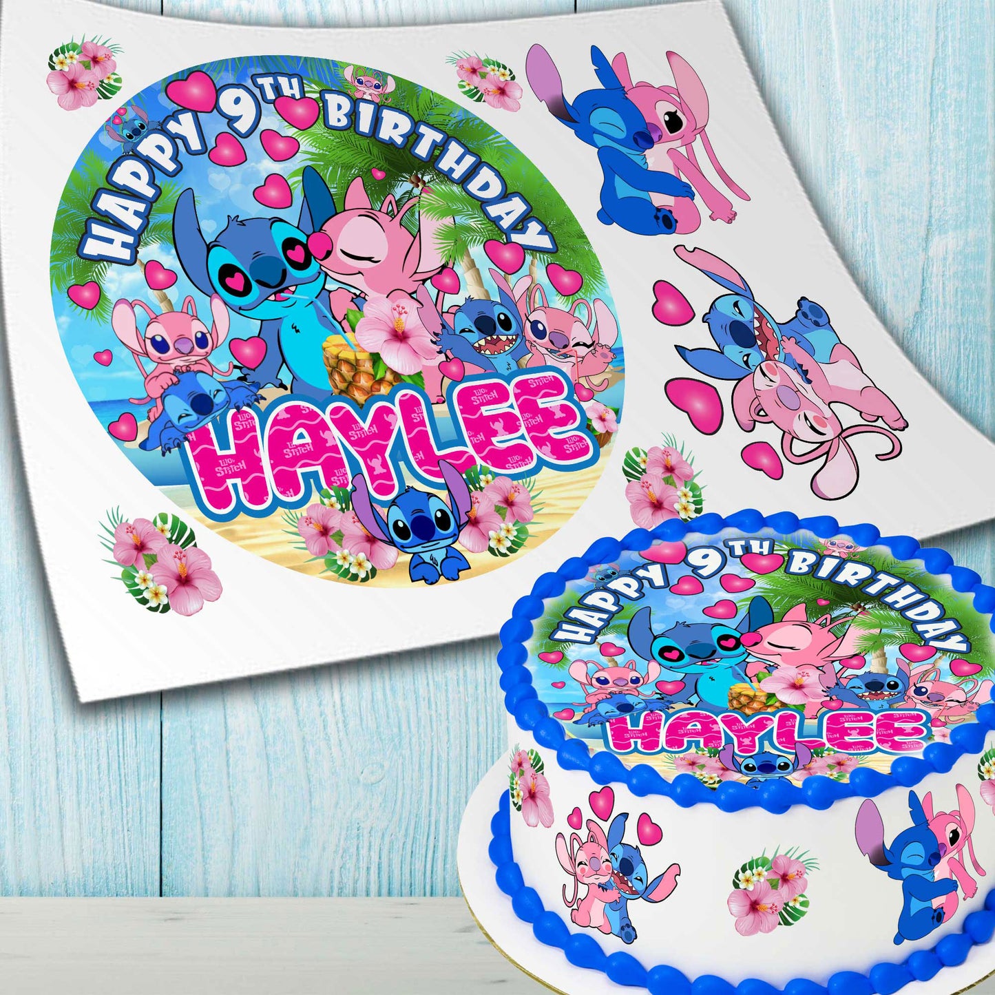 Set of 4 Stitch and Angel Cake Toppers β Edible, Precut on Wafer Paper, Sugar Sheet, or Uncut Chocotransfer