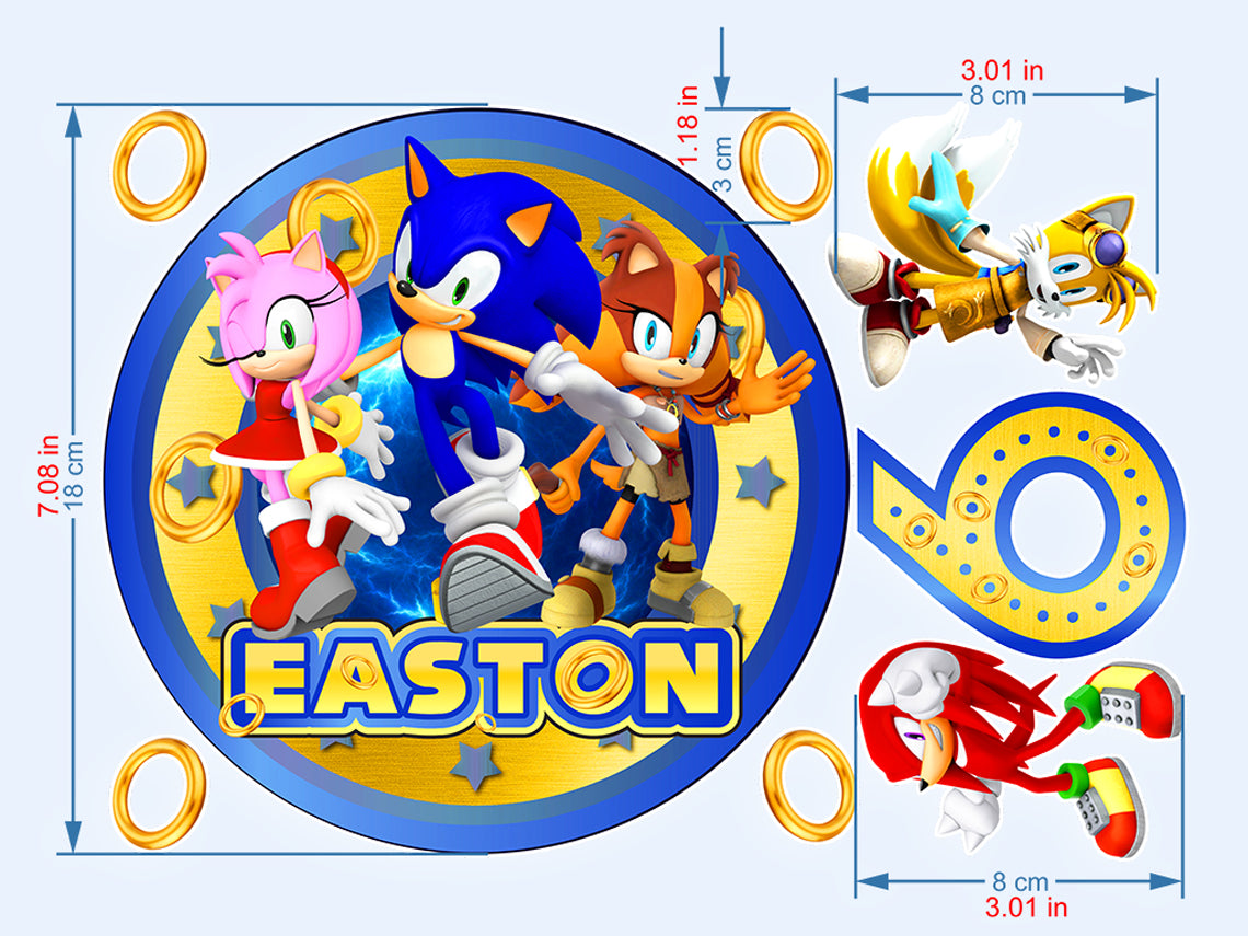 Set of 8 Sonic Edible Cake Toppers - Precut on Wafer Paper, Sugar Sheet, or without cutting Chocotransfer