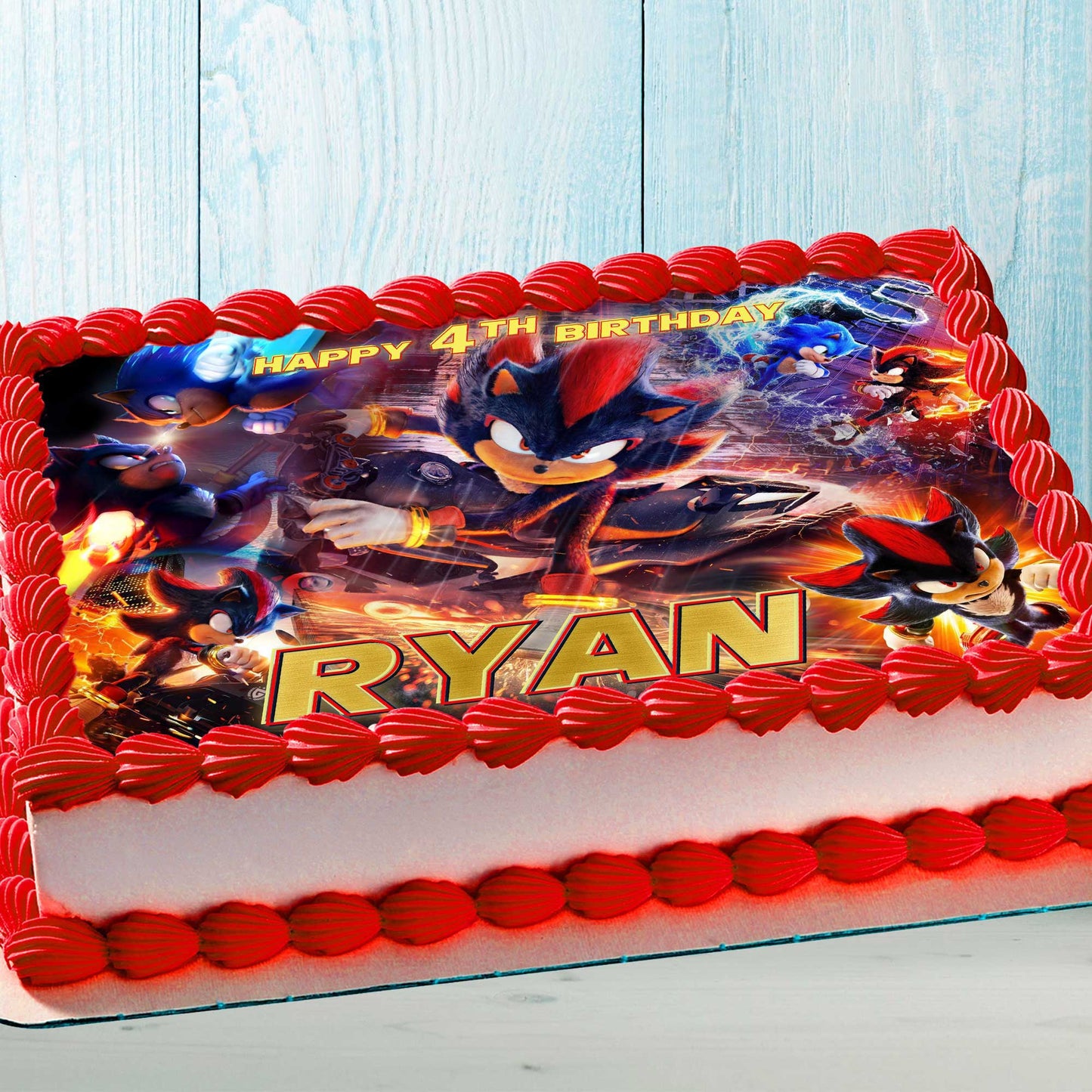 Essbarer Geburtstagskuchenaufsatz „Shadow the Hedgehog“ – Sonic-Thema – rechteckiges Design – Oblatenpapier, Zuckerfolie, Schokoladentransfer