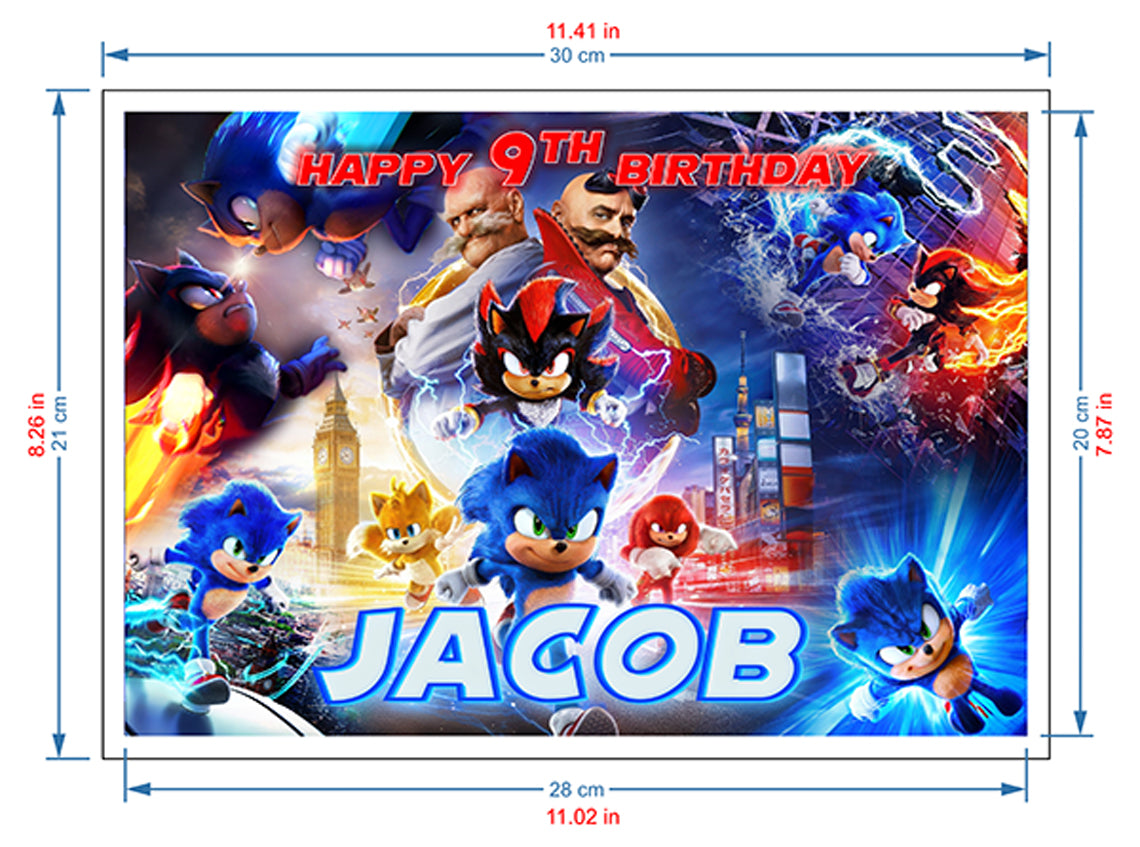 Sonic Birthday Themed Edible Cake Topper - Rectangular Design - Wafer Paper, Sugar Sheet, Chocotransfer